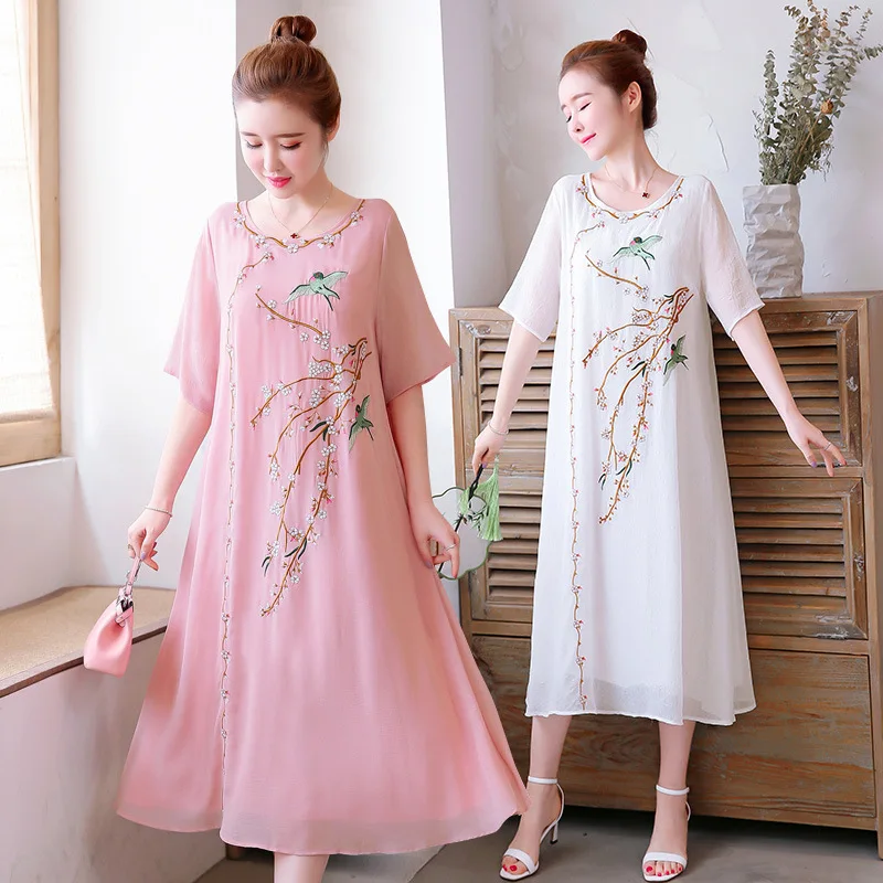 

2019 Summer Cotton Linen Dress Chinese-style Large Size Slimming Literature And Art Embroidery Ethnic-Style Mid-length Retro Lon