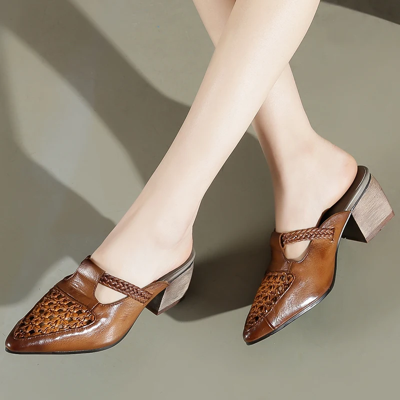 

Women Leather Slippers Mules Pointed Toe High Heels Summer Shoes For Women Slippers Retro Handmade Leather Slipper Black Hollow