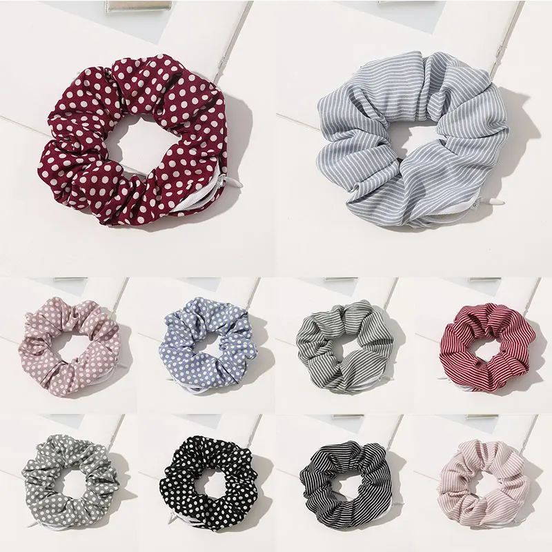 

2020 Headwear Small Dot Striped Print Zipper Scrunchies Ponytail Holder Hair Accessories Hair Rope Hair Tie Elastic Hair Brand