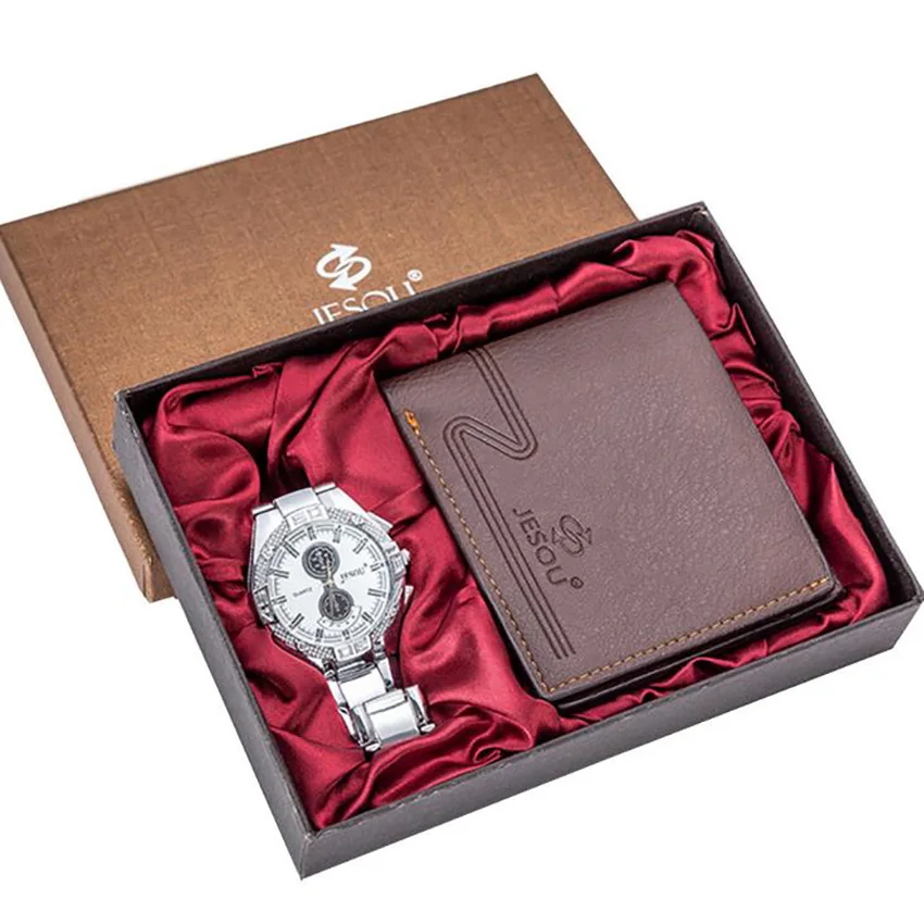 Мужские часы подарочный набор с коробкой роскошные мужские портмоне часы мужские часы Элитные кварцевые наручные Комплект часов для отца подарок на день бойфренда - Цвет: Серебристый