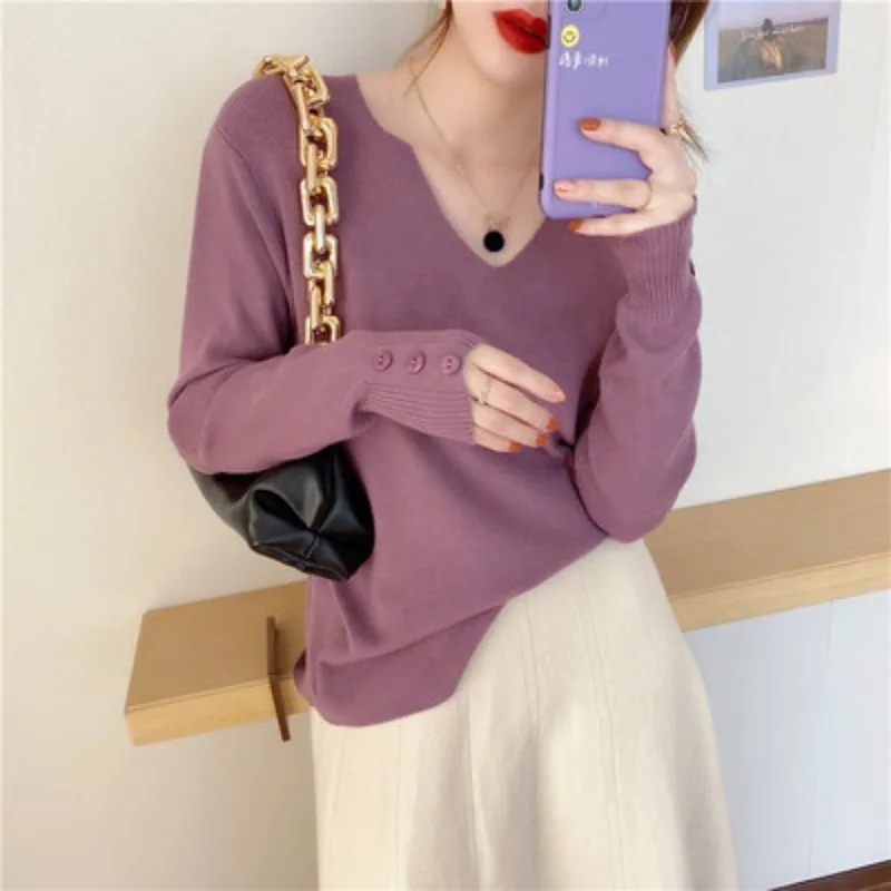 

Spring Autumn V-neck Pullover Sweater Women Knitted Top Button Casual Long Sleeve Pull Femme Female Solid Sweater Pullover