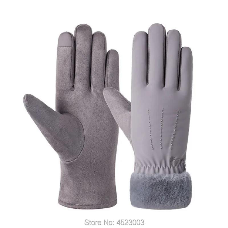 Элегантные женские замшевые перчатки на весь палец Зимние теплые перчатки с сенсорным экраном плюс бархатные утолщенные уличные варежки - Цвет: N901-Gray