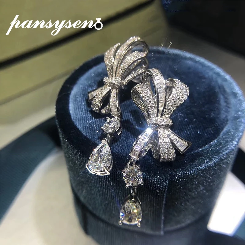 

PANSYSEN Gorgeous Bow-knot Created Moissanite Diamond Silver Drop Earrings 100% Solid 925 Sterling Silver Wedding Party Earring