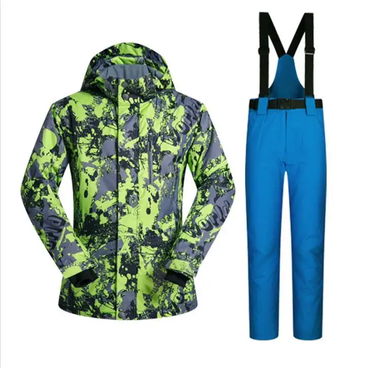 Мужской лыжный костюм, зимние бренды, высокое качество, ветрозащитные водонепроницаемые теплые зимние куртки и штаны, мужские лыжные и сноубордические костюмы - Цвет: LvDiTu And DarkBlue