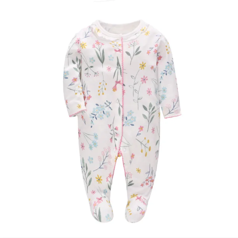 

Picturesque Childhood Newborn Baby Footies White Full Leaves Print Cotton Long Sleeve Costume Infant O-Neck Clothes