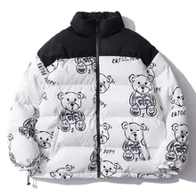 

2021 new Men's Winter Warm Jacket Thick Coat Patchwork Cartoon Bear Heated Padded Puffer Jacket Oversized Parka Men's Clothing