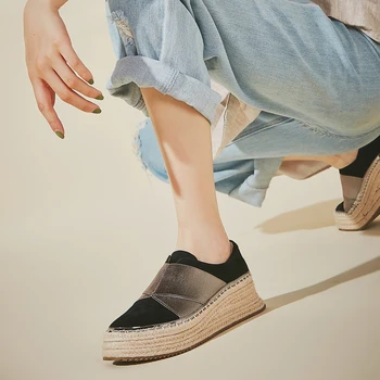 

6CM Straw Braid Platform Loafers British Style Slip-on Flat Fishermen Shoes Women