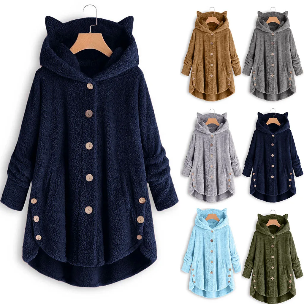 Women Plus Size Blouse 6 Colors Button Coat Solid Tops Hooded Pullover Loose Sweater Cat Ears Plush Top 5XL Women Autumn 2019 Women Plus Size Blouse 6 Colors Button Coat Solid Tops Hooded Pullover Loose Sweater Cat Ears Plush Top 5XL Women Autumn 2019