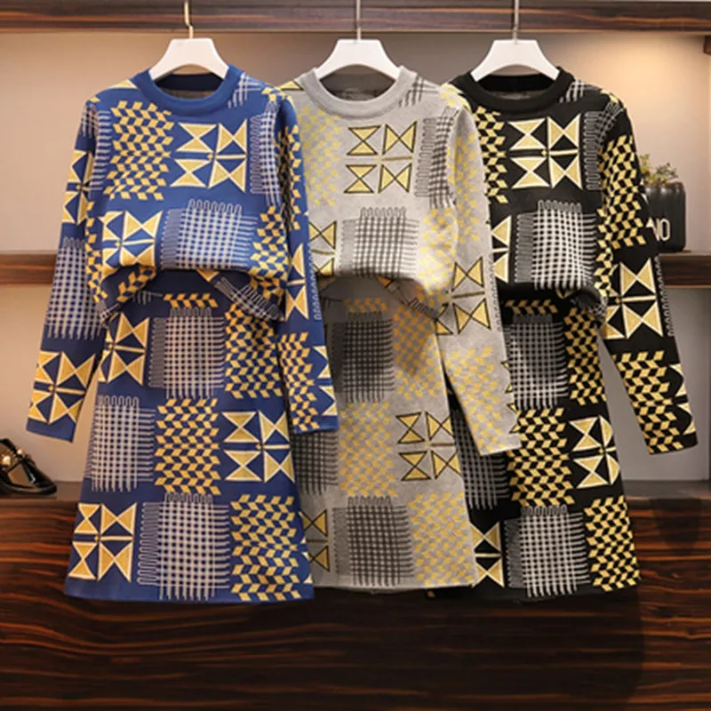 

Plus Size Vintage Geometric Pattern Knitted 2 Piece Set Autumn Women's Sweaters Pullover Tops + Elegant Knitted Half body Skirt