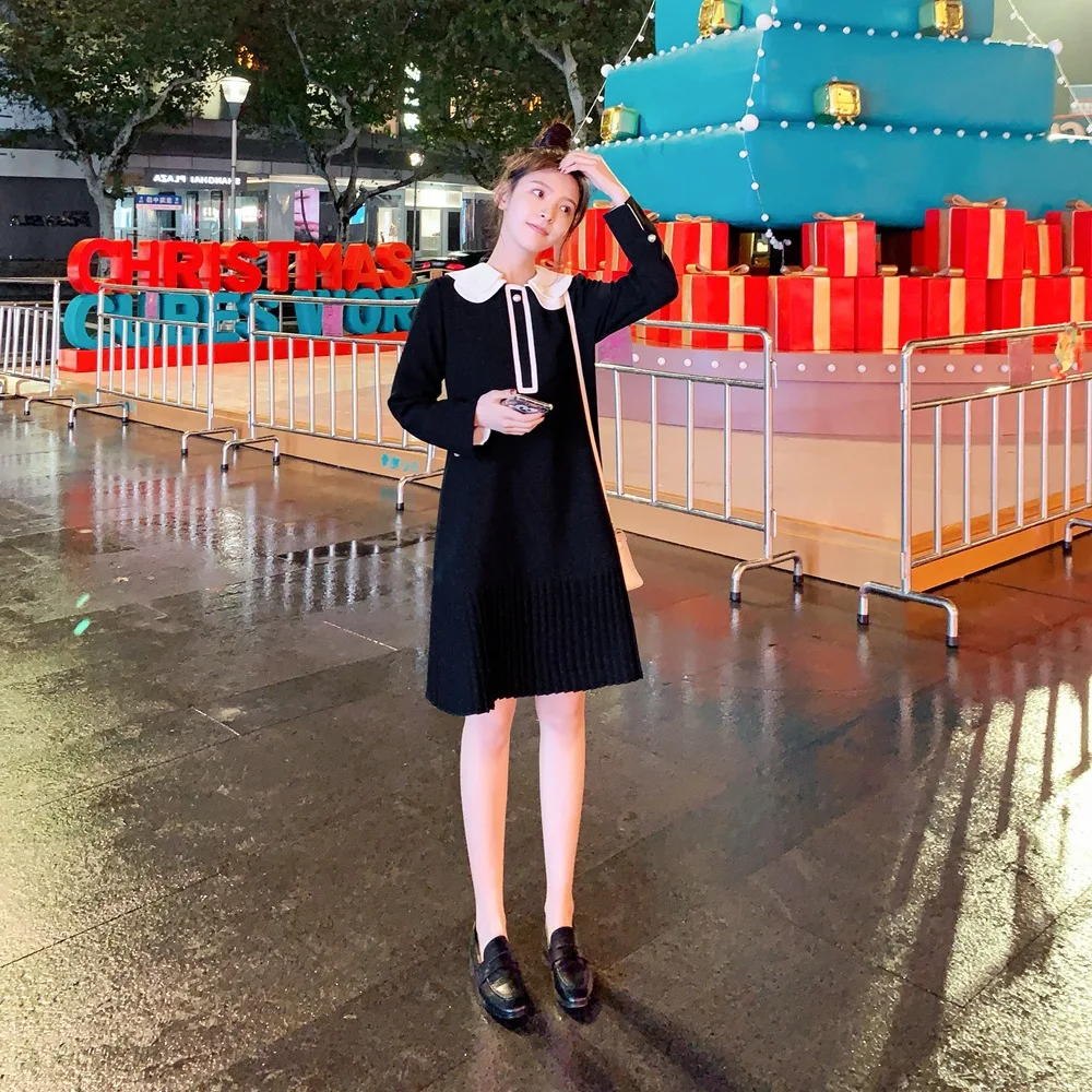 

Photo Shoot Contrast Color Pearl Cotton Pleated Skirt 2020 Spring New Style WOMEN'S Dress Retro Laziness-Style Mid-length Dress