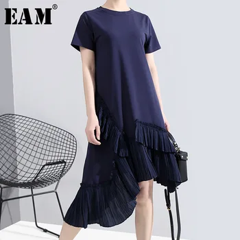 

[EAM] Women Blue Pattern Printed Ruffles Dress New Round Neck Short Sleeve Loose Fit Fashion Tide Spring Summer 2020 1T850