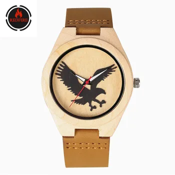 REDFIRE Eagle/Oso Polar/producto artístico de caballo reloj de pulsera con grabado de madera, reloj de pulsera de cuero genuino para hombre, relojes creativos de cuarzo para hombre
