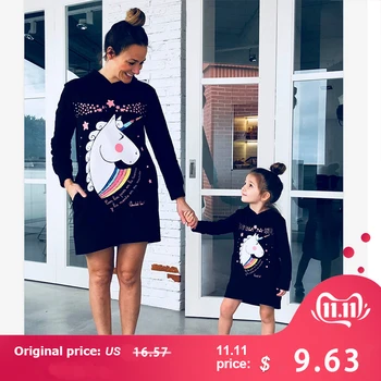 

ZSIIBO family jewelry clothing parent-child climbing uniform unicorn print long-sleeved hooded daughter and mother's clothes
