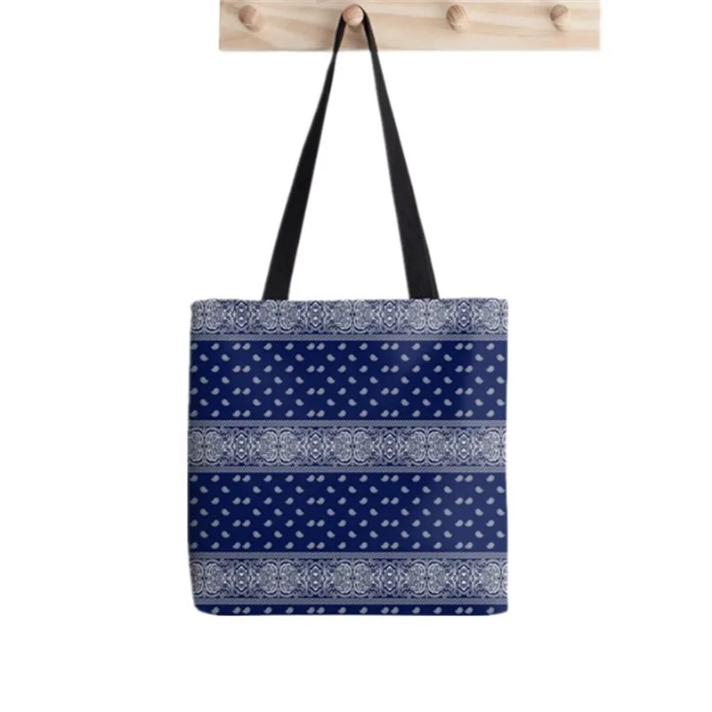 Shopper Bandana Vintage blue Flower Print Tote Bag women Harajuku shopper handbag girl Shoulder shopping bag Lady Canvas Bag