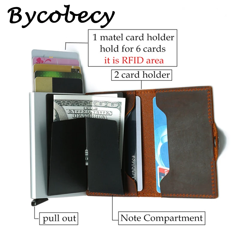 Bycobecy Credit CardHolder Men's Smart Wallet Cash Money Purse ID RFID Vintage Business Metal Blocking Slim Genuine Leather Bags | Багаж и