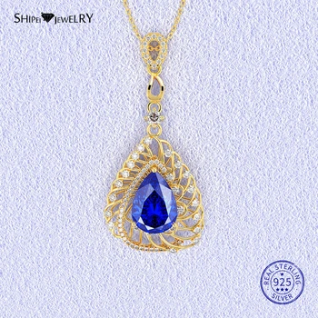 

Shipei 100% 925 Sterling Silver Fine Jewelry Hollow Sapphire Emerald Ruby Water Drop Pendant Necklace for Women Anniversary Gift