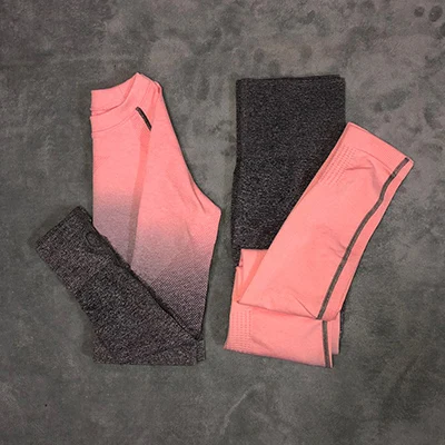 1786 peach pink set Женский комплект для йоги, одежда для спортзала, Омбре, бесшовные леггинсы, укороченные рубашки, спортивный костюм для тренировок, Женский комплект с длинным рукавом для фитнеса, одежда для активного отдыха - Цвет: 1786 peach pink set