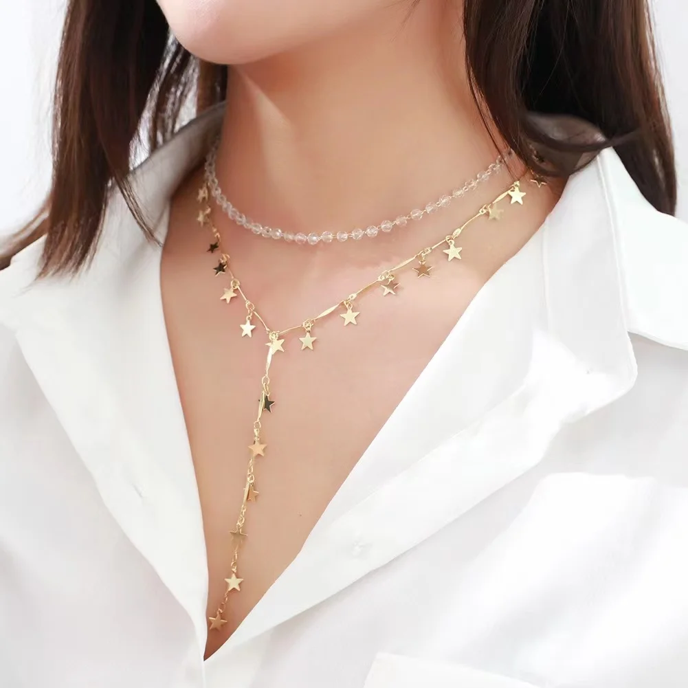 Collares delicados de doble capa con cuentas de cristal para mujeres y niñas, Collar de cadena con borla de estrella larga en oro Real, joyería - y accesorios