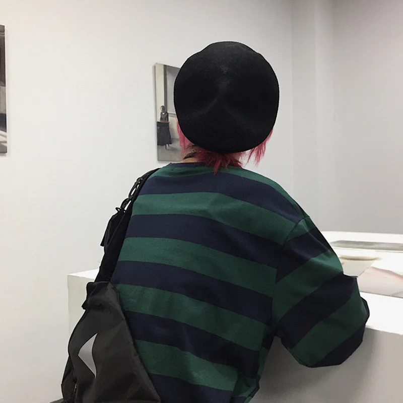 Harajuku Oversized High Street Stripe T-shirt long sleeves vintage style All-match fashion Unisex clothes Japanese Streetwear