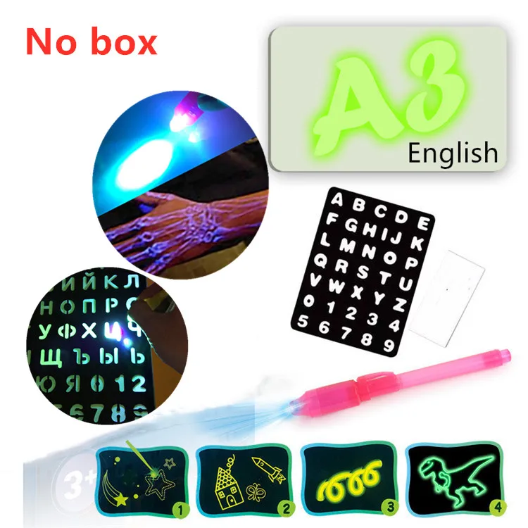 3D A3 волшебный светодиодный светящийся чертежный щит для рисования граффити флуоресцентный блокнот для планшета доска для сообщений с светильник обучающие игрушки - Цвет: No box-A3-EN
