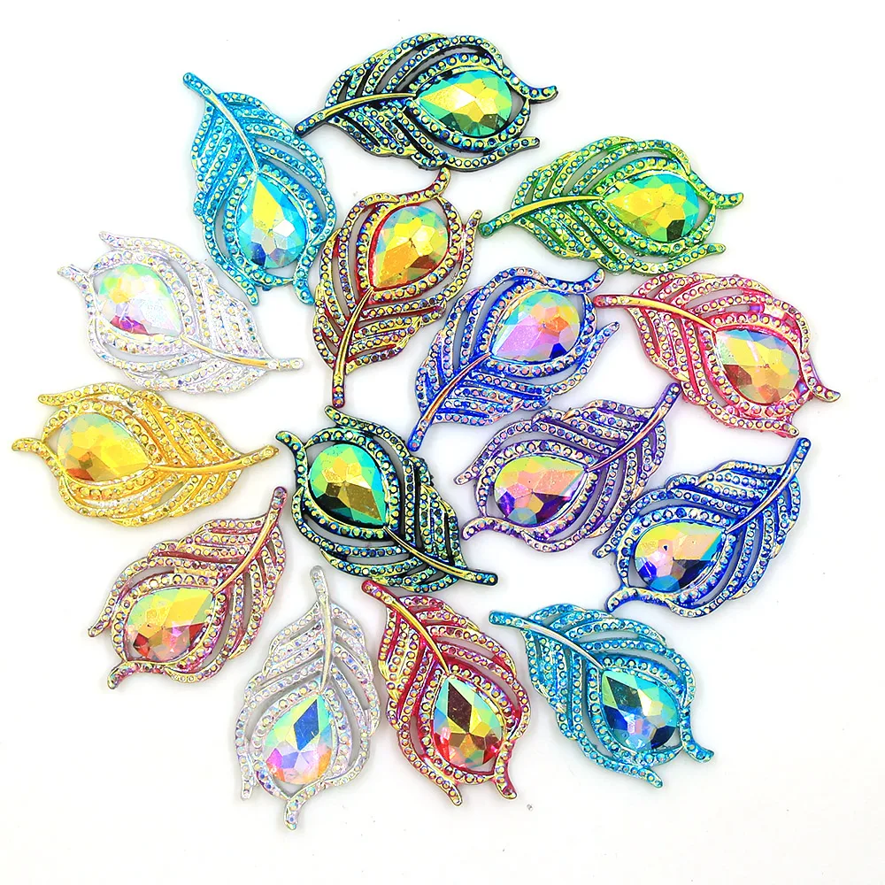 

10pcs Leaf Feather AB Crystal Flatback Rhinestone Sew On Rhinestone DIY Handsewing Resin Gem Stones Applied On Clothes 20x38mm
