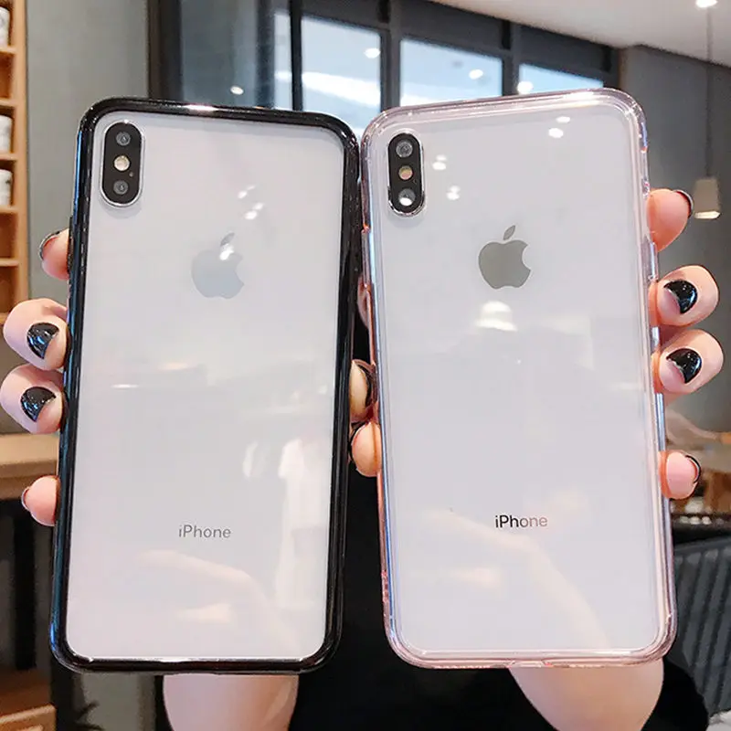 

Moskado Luxury Transparent Glass Case For iPhone 7 8 Plus X XR XS Max Solid Color Phone Cases Soft TPU Frame + Glass Back Cover