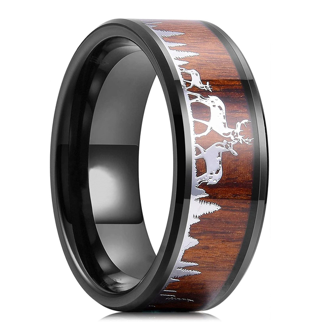 Fashion 8mm Deer Antler Black Tungsten Steel Ring For Men Women Nature Forest Elk Antler Wedding Ring Men Wedding Band