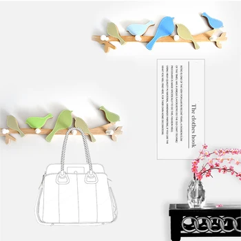 

4 Hooks Home Decorative Hooks Bird Wood Coat Hook Rail Clothes Hanger Living Room Decorations Hook