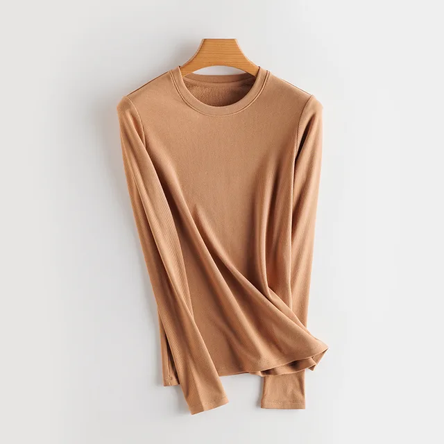 SuyaDream Women Bottoming T Shirt Real Silk Blend Long Sleeves Solid Basic Shirt 2021 Autumn Winter Turtleneck Top Khaki O neck