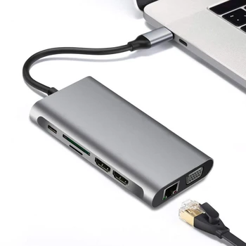

12 In 1 Type-C Audio usb c HUB USB3.0 USB-C HDMI VGA RJ45 3.5mm SD Converter TF Laptop Docking Station Power Adapter for macbook