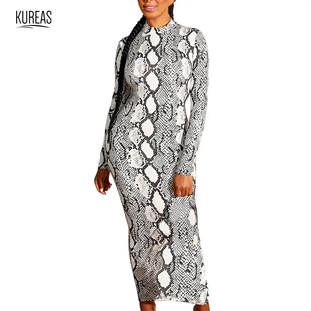 

Kureas Women Kniteed Dress Winter Autumn Sexy Bodycon Maxi Dresses Zipper V Neck Long Sleeve Serpentine Snake Printed