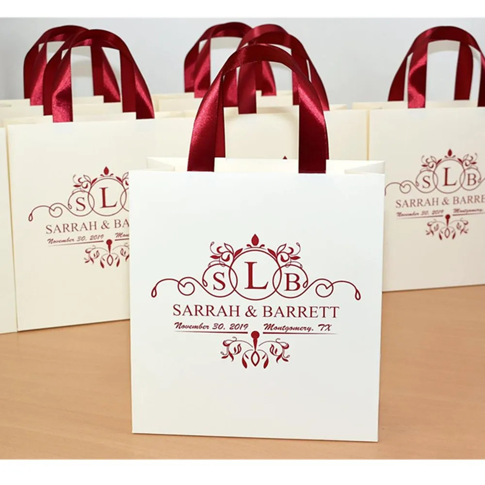 Personalized Ivory Wedding Welcome Bags With Satin Ribbon And Your