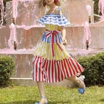 

WOMENGAGA Striped Ruffles Dress Female Square Collar Spaghetti Strap High Waist Lace Up Pleated Midi Dresses Women Fashion XX208