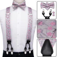 BD-3018 Hi-Tie шелковые мужские подтяжки модные розовые цветочные Серебристые подтяжки для мужчин галстук-бабочка набор кожаные металлические зажимы Подвески подтяжки