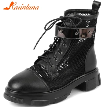 

KARINLUNA Fashion Lady Low Heel Summer Boots Buckle Decoration Lace Up Hollowing Boots Women Genuine Leather Shoes Woman