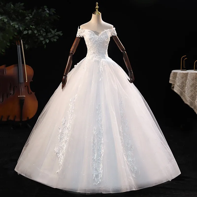 오프 숄더 웨딩 드레스 2021 우아한 보트 넥 신부 드레스 레이스 업 볼 가운 공주 럭셔리 Vestido De Noiva 사용자 정의