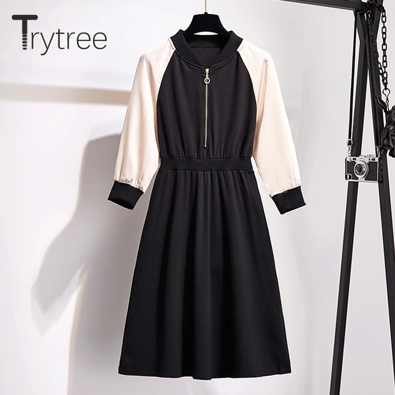

Trytree Autumn Winter Women Dress Casual O-Neck Polyester Patchwork Zippers A-Line Dress Fashion Office Lady Knee-Length Dress
