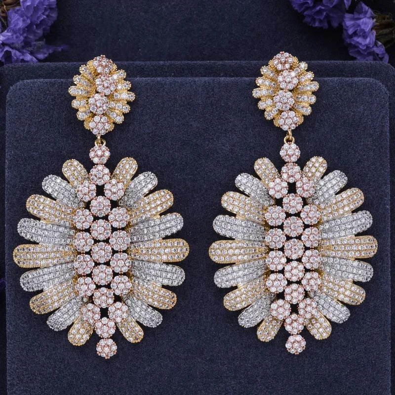

ZA 70mm Luxury Brand Full Micro Paved Beads Earrings Leaf Hyperbole 3 Color Rose Gold Dangle Earring Women Wedding Party Jewelry
