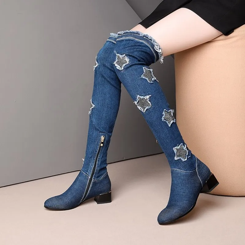 

US4-11 Womens Pointed Toe Denim Jeans Ripped Star Beads Over The Knee Thigh Boots Block Heel Side Zipper Shoes Plus Size A1699