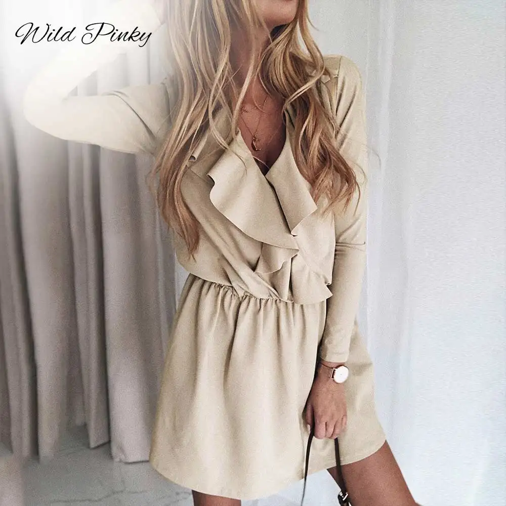 

WildPinky Women Fashion Khaki Short Dress Female 2019 Autumn Winter Ruffles Lace up Mini Dresss Chic Long Sleeve Vestidos