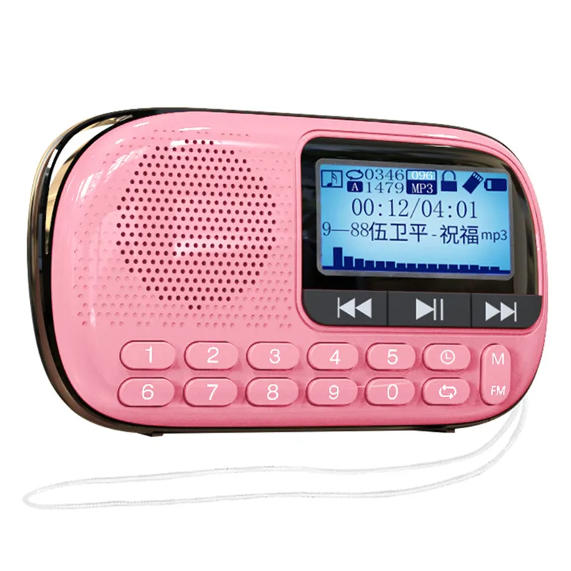 TF карта U диск музыка MP3 плеер портативный цифровой клавиатуры FM радио ЖК HD экран вещания USB зарядка радио большой рог динамик - Цвет: Розовый