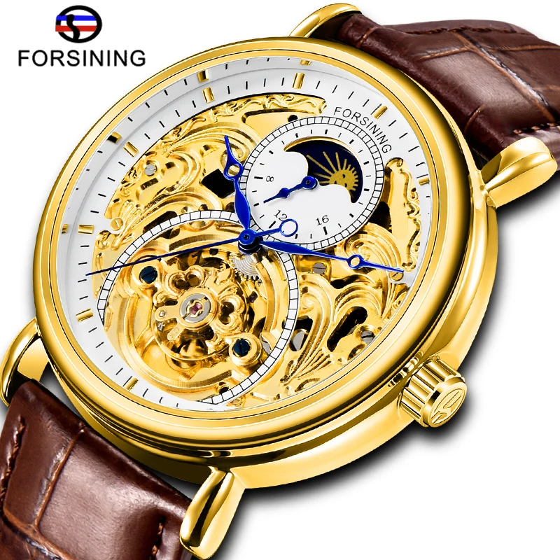 

Fashion FORSINING White Gold Display Brown Leather Blue Hand Skeleton Moonphase Waterproof Men Automatic Mechanical Wrist Watch