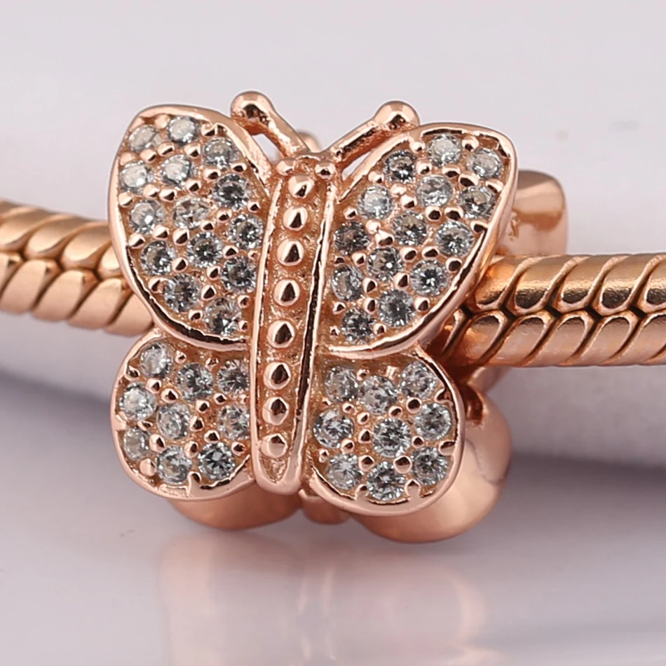 Authentic S925 Bead DIY Jewelry Sparkling Butterfly Charms fit Lady Bracelet Bangle Girl Gift Rose &amp Clear CZ | Украшения и