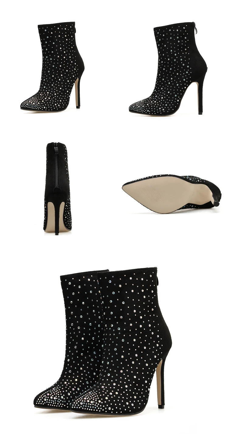 Новейшие модные ботинки; женские Подиумные ботинки из флока; стразы украшенные кристаллами ботильоны; пикантные ботинки на высоком каблуке с острым носком; женская обувь; Размеры 35-42