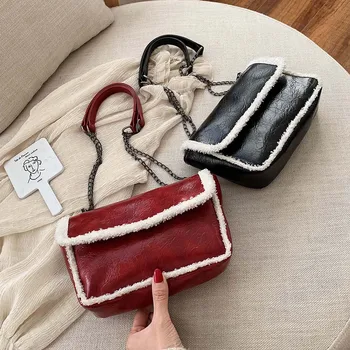 

Fashion Splicing PU Plush Handbag Women Autumn Shoulder Messenger Bag Portable Large Capacity Commuter Cross Body Chain Bag 2021