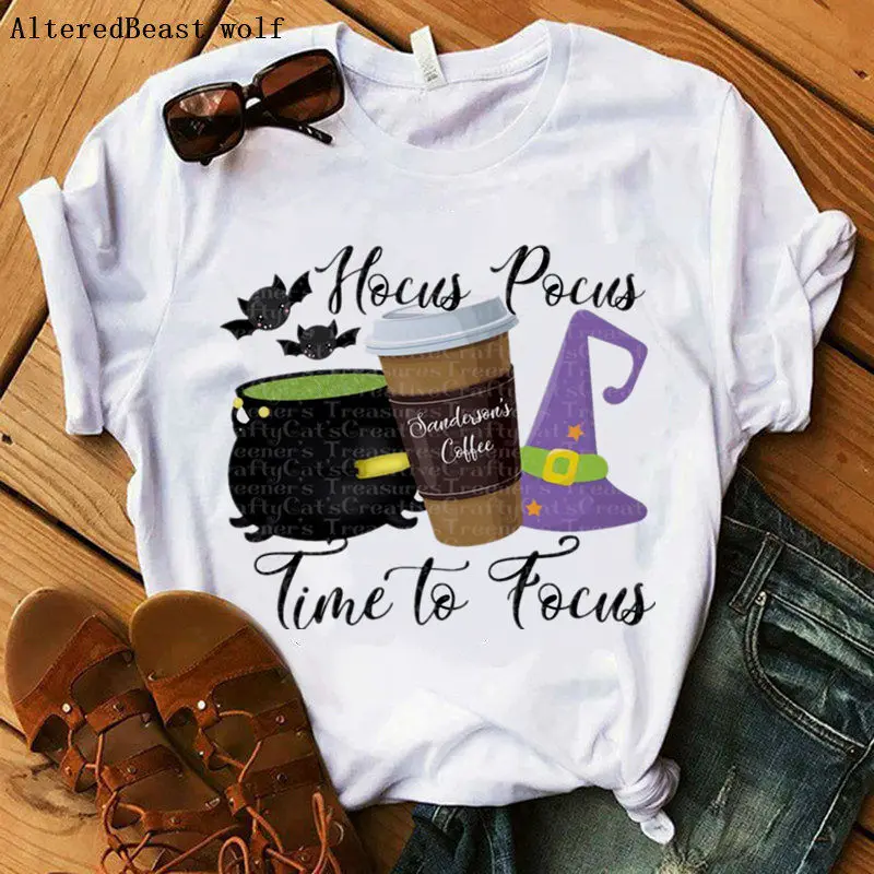 

2019 Hocus Pocus witch Time to focus Printed Funny women t-shirt short sleeve Halloween Female casual summer women vogue t shirt