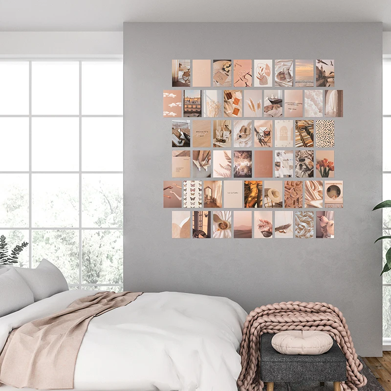 50PCS Beige Aesthetic Picture for Wall Collage Wall Art Print for Room 4x6/’/’ Boho Cards Cream Collage Print Kit VSCO Poster for Bedroom Warm Color Room Decor for Girls Dorm Photo Display