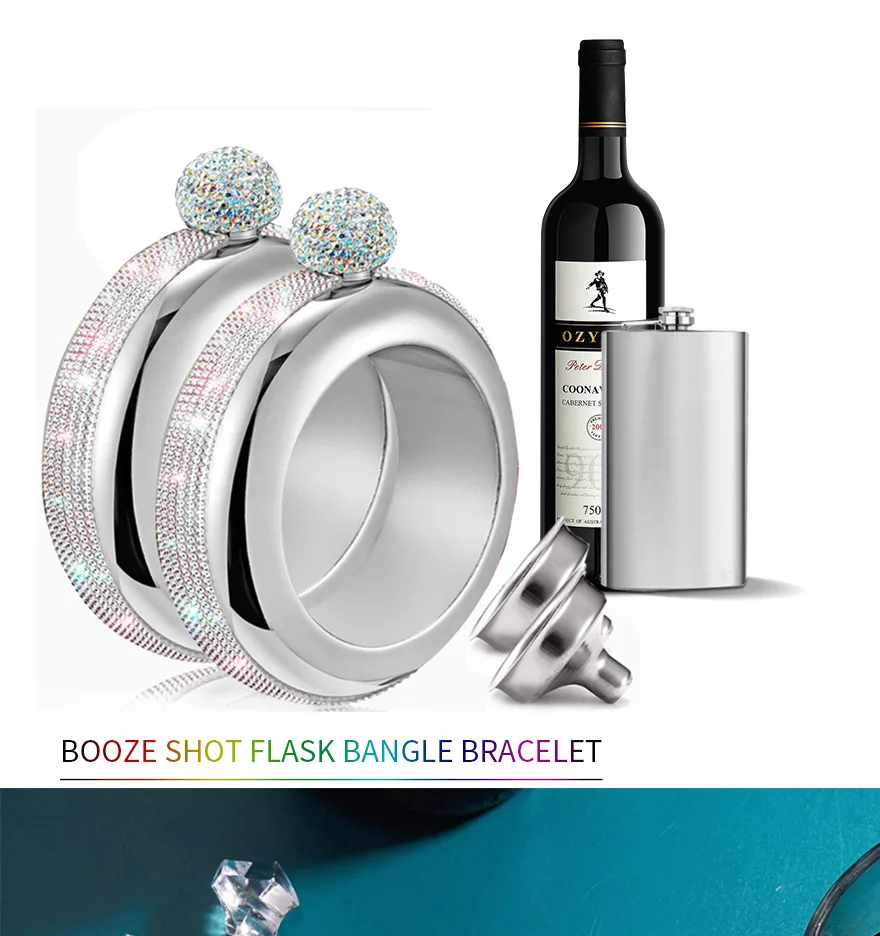 Flask Bangle Bracelet New Scale Whiskey Flask with Crystal Lid 304 Stainless Steel Hip Funnel Set Women Ladies Pocket Flasks Wine/Alcohol Wrist Flask in Gift Box for Birthday Party Bar 3.5 oz Silver 