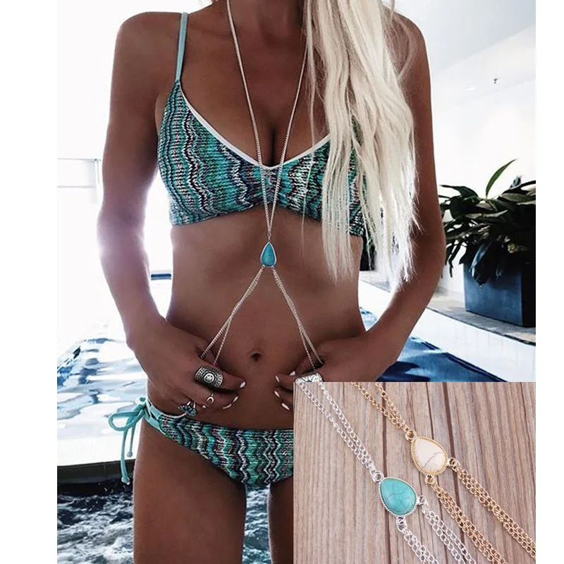 Fashion Ethnic Opal Sexy Harness Crossover Body Chain for Women Chest Gold Silver color Belly Waist Bikini Beach Jewelry |