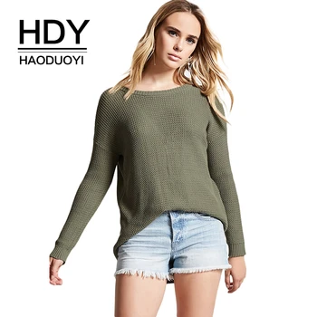 

HDY Haoduoyi Brand Women Solid Green Sweater O-neck Long Sleeve Backless Female Knit Pullover Ladies Casual Knitted Jumpers Tops